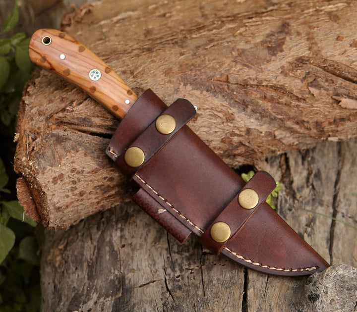 Damascus Knife - Spectral Field Dressing Knife with Olive Wood Handle - Shokunin USA