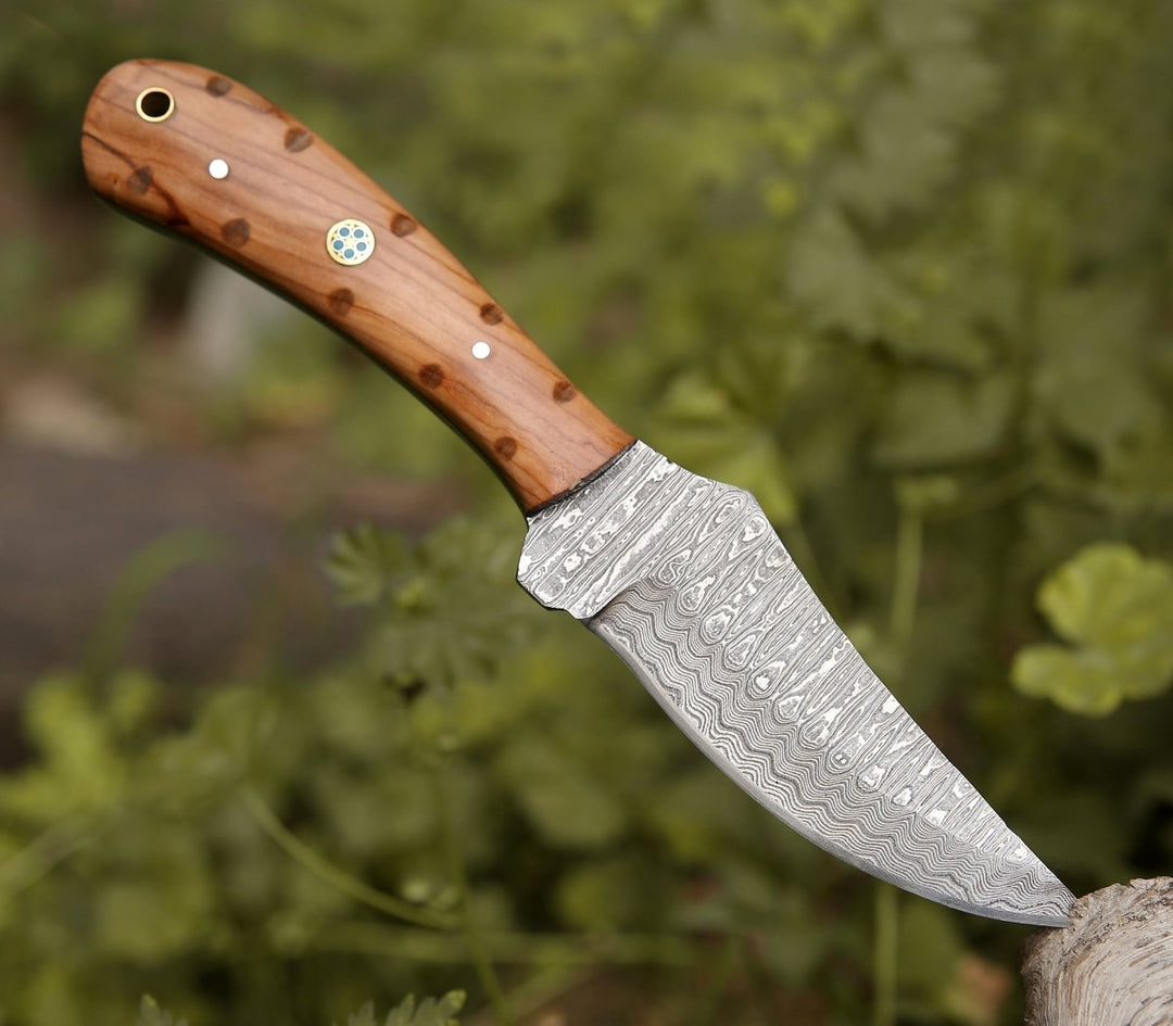 Damascus Knife - Spectral Field Dressing Knife with Olive Wood Handle - Shokunin USA