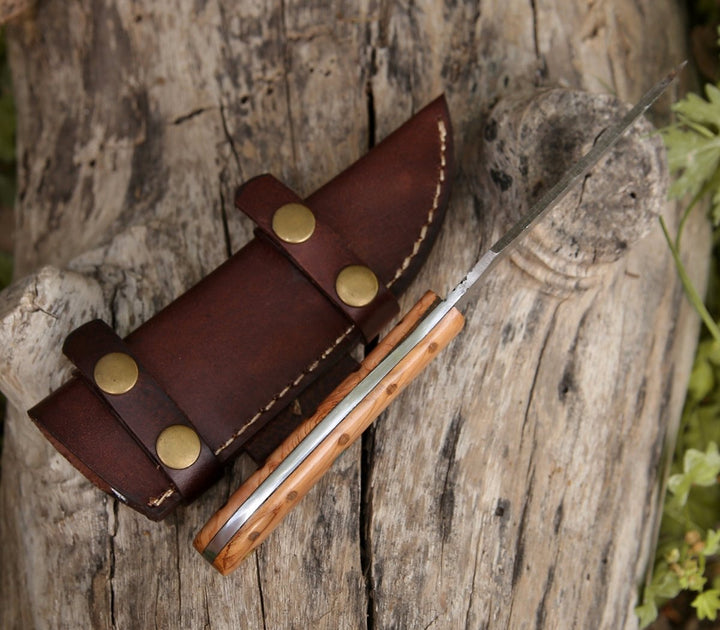 Damascus Knife - Spectral Field Dressing Knife with Olive Wood Handle - Shokunin USA